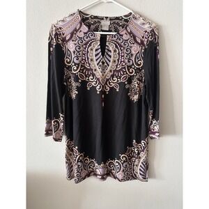 Chicos Tunic Women's Size 0 Small Abstract Black 3/4 Sleeve Boho Stretch Floral